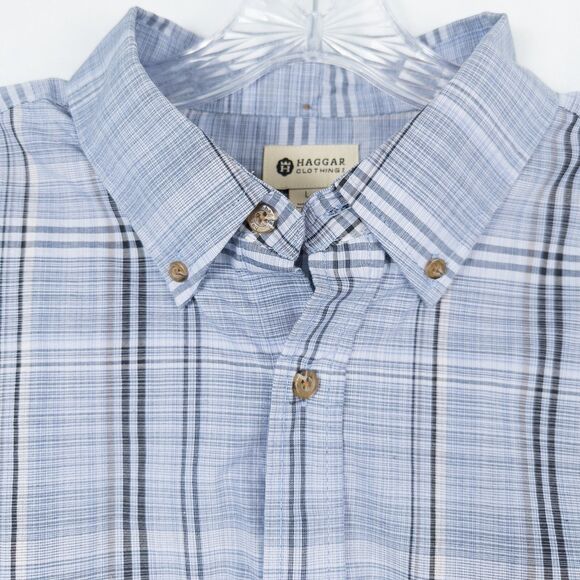 Haggar Long Sleeve Plaid Cotton Blend Button Down Shirt Blue Mens Large Office - Picture 6 of 16